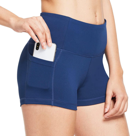 High Waist Athletic Shorts for Women - 2" Navy Blue Yoga and Running Shorts with Side Pockets, Size XL